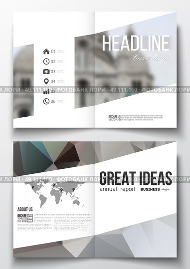 Set of business templates for brochure, magazine, flyer, booklet or annual report. Polygonal background, blurred image, view of cathedral Sakre-Ker, Paris cityscape, modern triangular vector texture. Стоковая иллюстрация, агентство Ingram Publishing / Фотобанк Лори