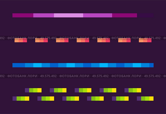 Set of colorful lines on purple, neon dotted and wavy-line, shooting element of space pixel game, shiny laser collection, squared light or burst vector, pixelated cosmic object for mobile app games. Neon Lines Set, Space Pixel Game, Shoot Vector. Стоковая иллюстрация, агентство Ingram Publishing / Фотобанк Лори