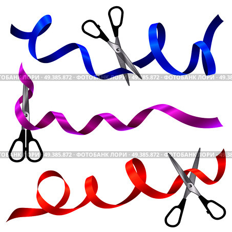 Set of colorful swirling ribbons with metal scissors as symbol of public ceremony of grand opening inauguration event realistic vector illustration  . Ribbons With Scissors Realistic Set. Стоковая иллюстрация, агентство Ingram Publishing / Фотобанк Лори