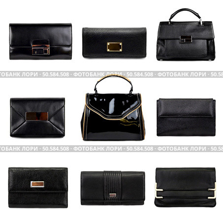 Set of dark,different female purses on a white background.9 pieces. Стоковое фото, агентство Ingram Publishing / Фотобанк Лори