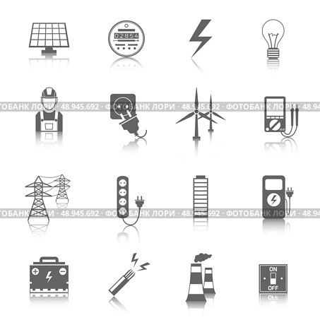 Set of electricity energy accumulator icons in grey color with reflection. Стоковая иллюстрация, агентство Ingram Publishing / Фотобанк Лори