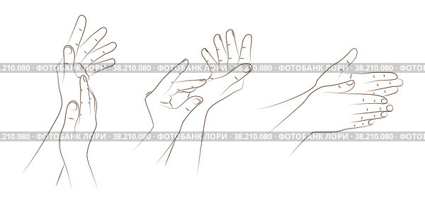 Set of female hands in realistic gesture of stroking, rubbing and applying to skin moisturizing cream. Hand skin care to prolong health, beauty and youth. Skin care, nutrition and protection. Sketch. Две женские руки в реалистичном жесте поглаживания, растирания и нанесения на кожу увлажняющего крема. Уход за кожей рук для продления здоровья, красоты и молодости. Уход за кожей, питание и защита. Эскиз. Стоковая иллюстрация, иллюстратор Dmitry Domashenko / Фотобанк Лори
