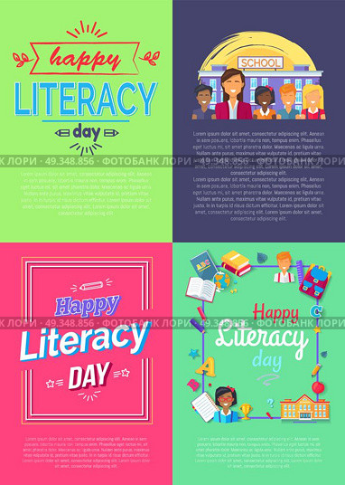 Set of Four Placard Literacy Vector Illustration. Set of four vivid placards dedicated to literacy day with frames and ribbons, text sample and icons of fruits, books and pens vector illustration. Стоковая иллюстрация, агентство Ingram Publishing / Фотобанк Лори