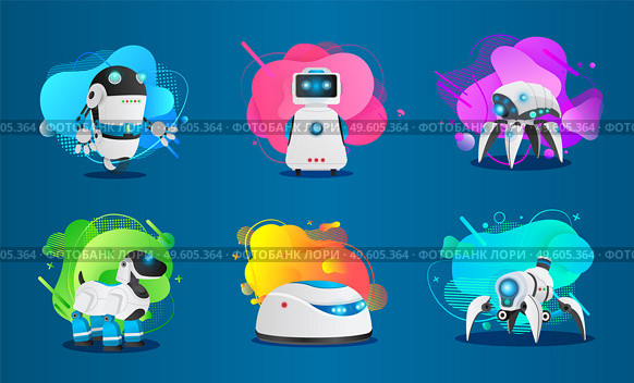 Set of futuristic research cyborgs with artificial intelligence, logo template, colorful background. High tech artificial intelligence cyber smart robot. Hitech developed machinery robot. Flat image. Set of smart scifi androids with artificial intelligence on colorful shapes background. Flat image. Стоковая иллюстрация, агентство Ingram Publishing / Фотобанк Лори