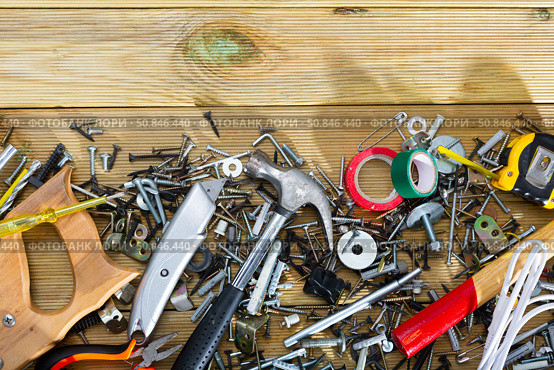 Set of hand tools on wooden background. Стоковое фото, фотограф Яков Филимонов / Фотобанк Лори