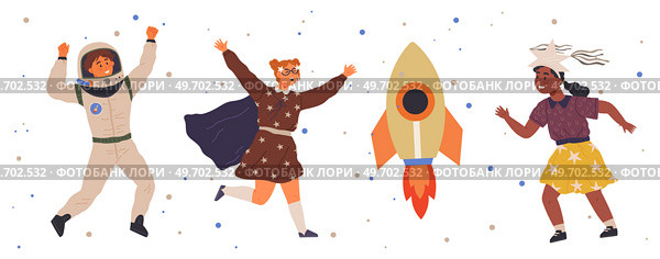Set of happy people in different costumes for space party. Characters dressed as astronauts, explorers. Outfit for holiday in cosmic style. Men and women in creative self made suits for costume party. Set of happy people in different costumes for space party. Characters in creative self made outfits. Стоковая иллюстрация, агентство Ingram Publishing / Фотобанк Лори