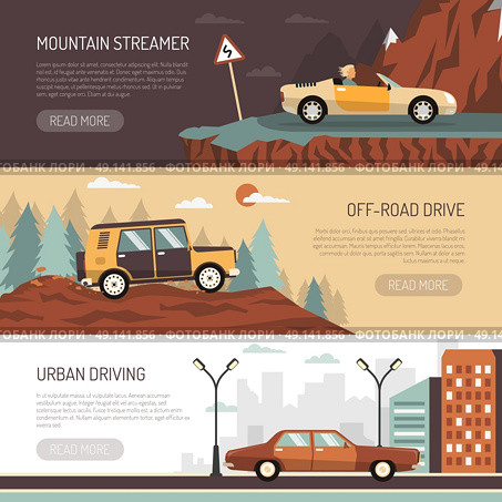 Set Of Horizontal Banners With Passenger Cars. Set of horizontal banners with passenger cars for off-road urban and mountain driving flat vector illustration. Стоковая иллюстрация, агентство Ingram Publishing / Фотобанк Лори