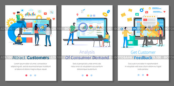 Set of illustrations on the topic of working with client and studying his behavior. Online marketing concept. Landing page with analytics data. Website layout illustration. Customer retention strategy. Set of illustrations about working with a client and studying his behavior. Online marketing concept. Стоковая иллюстрация, агентство Ingram Publishing / Фотобанк Лори