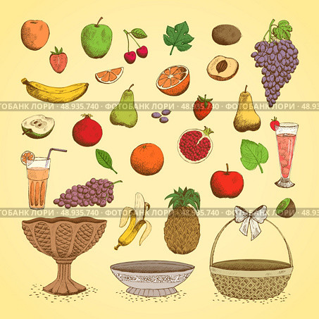 Set of juicy fresh fruits, orange, grape, apple, strawberry, cherry and others vector illustration. Стоковая иллюстрация, агентство Ingram Publishing / Фотобанк Лори