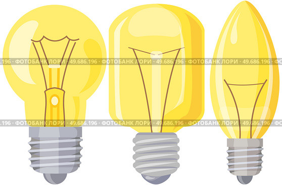 Set of light bulbs and lamps. Electric LEDs and incandescent lamps or energy-saving lighting fixtures. Light bulbs with different base shapes. Electrical appliances for creating interior light. Set of light bulbs. Electric LEDs and incandescent lamps. Electrical appliances for lighting. Стоковая иллюстрация, агентство Ingram Publishing / Фотобанк Лори