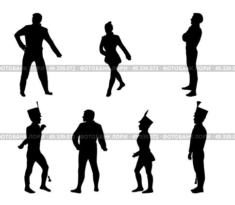 Set of Man and woman in old, beautiful form of guard, hussar, an acrobat performing in circus. Black and White Vector Illustration. EPS10. Set of Man and woman in old, beautiful form of guard, hussar, an. Стоковая иллюстрация, агентство Ingram Publishing / Фотобанк Лори