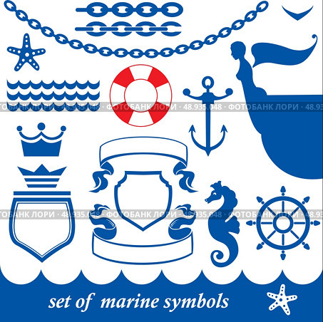 Set of marine elements - chain, anchor, crown, shield, wheel, noun, etc. Стоковая иллюстрация, агентство Ingram Publishing / Фотобанк Лори