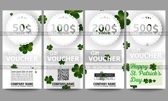 Set of modern gift voucher templates. St Patricks day vector background, green clovers on white. Стоковая иллюстрация, агентство Ingram Publishing / Фотобанк Лори