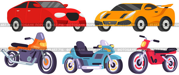 Set of modes of transport and machine shapes. Transport isolated on white background. Crossover, hatchback, cabriolet vehicle, motorbike, motorcycle. Cars of different types without drivers. Set of modes of transport and machine. Crossover, hatchback, cabriolet vehicle, motorbike. Стоковая иллюстрация, агентство Ingram Publishing / Фотобанк Лори