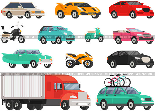 Set of modes of transport and machine shapes. Transport isolated on white background. Crossover, hatchback, pickup, cabriolet vehicle, motorbike, motorcycle. Cars of different types without drivers. Set of modes of transport and machine. Crossover, hatchback, pickup, cabriolet vehicle, motorbike. Стоковая иллюстрация, агентство Ingram Publishing / Фотобанк Лори