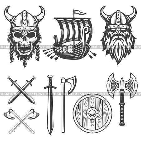 Set of monochrome viking elements isolated on white background. Стоковая иллюстрация, агентство Ingram Publishing / Фотобанк Лори