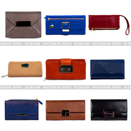 Set of multicolored female purses on a white background.9 pieces. Стоковое фото, агентство Ingram Publishing / Фотобанк Лори
