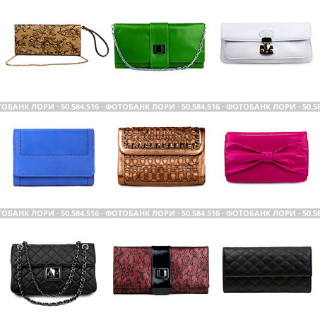 Set of multicolored female purses on a white background.9 pieces. Стоковое фото, агентство Ingram Publishing / Фотобанк Лори