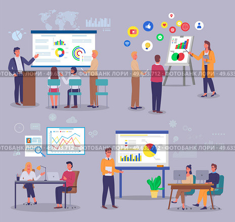 Set of office workers images engaged in analytical data. Analysts study charts, pie and bar charts, growth, consumer demand, variety of colored boards with analytics. World trade, supply demand. Marketers study analytical data, customer demand, pie and bar charts, charts, graphs. World trade. Стоковая иллюстрация, агентство Ingram Publishing / Фотобанк Лори