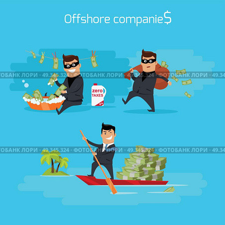 Set of Offshore Companies Concepts Illustration. Offshore companies concept vector. Flat design. Financial crime, tax evasion, money laundering, political corruption illustration. Man in a business suit, in mask launderers, hides and takes money. Стоковая иллюстрация, агентство Ingram Publishing / Фотобанк Лори
