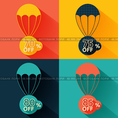 Set of parachutes with discount on multicolor background. Стоковая иллюстрация, агентство Ingram Publishing / Фотобанк Лори
