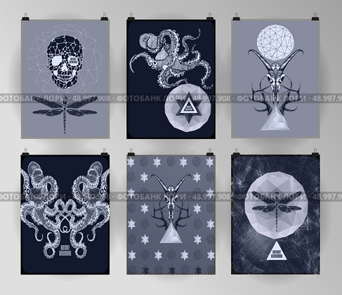 Set of poster, flyer, brochure design templates in gothic style. Symbol, sign for tattoo. Abstract modern backgrounds. Стоковая иллюстрация, агентство Ingram Publishing / Фотобанк Лори