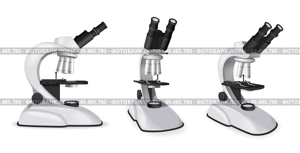Set of professional microscope view from different angles in realistic style isolated vector illustration. Стоковая иллюстрация, агентство Ingram Publishing / Фотобанк Лори