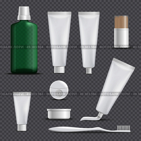 Set of realistic dentifrices with floss, toothpicks, rinse, toothbrush isolated on transparent background vector illustration. Realistic Dentifrices Transparent Background Set. Стоковая иллюстрация, агентство Ingram Publishing / Фотобанк Лори