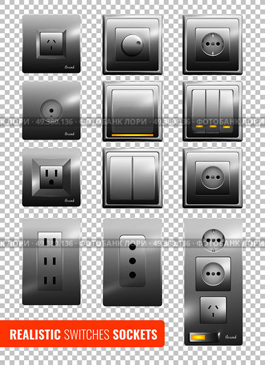 Set of realistic wall electrical switches and sockets with reflection on transparent background isolated vector illustration. Realistic Switches And Sockets Transparent Background. Стоковая иллюстрация, агентство Ingram Publishing / Фотобанк Лори