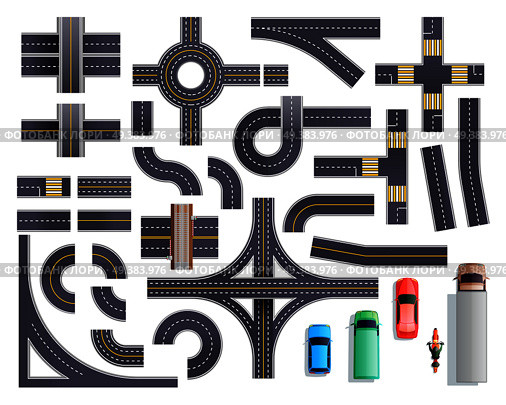 Set of road parts with roadside and marking including intersections, junctions, crosswalks, bridges, vehicles isolated vector illustration. Road Parts Vehicles Set. Стоковая иллюстрация, агентство Ingram Publishing / Фотобанк Лори