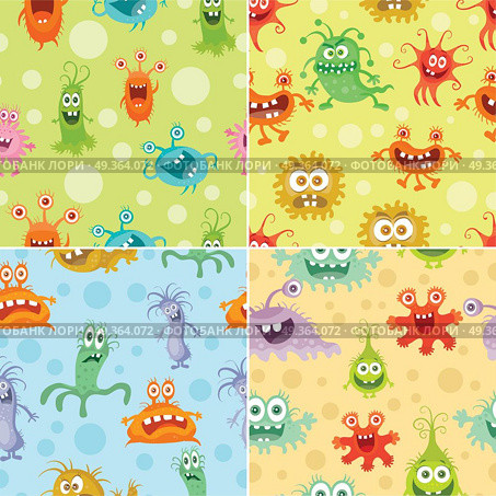 Set of Seamless Pattern with Good and Bad Bacteria. Set of seamless patterns with good and bad bacteria cartoon characters. Funny virus germs in flat style. Microbes endless texture. Dangerous organisms parasites. Wallpaper design. Vector illustration. Стоковая иллюстрация, агентство Ingram Publishing / Фотобанк Лори