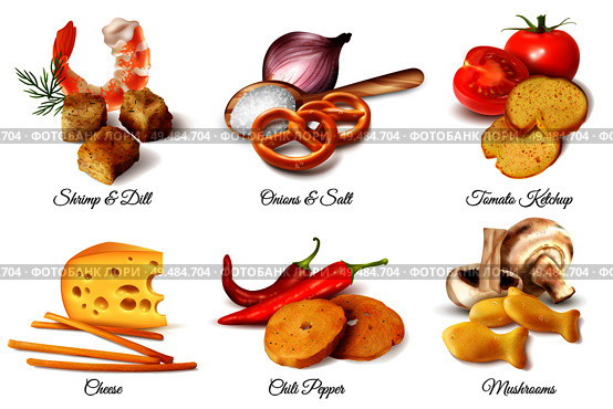 Set of six realistic design compositions  illustrated crackers snacks and flavoring additive ingredients isolated vector illustration. Стоковая иллюстрация, агентство Ingram Publishing / Фотобанк Лори