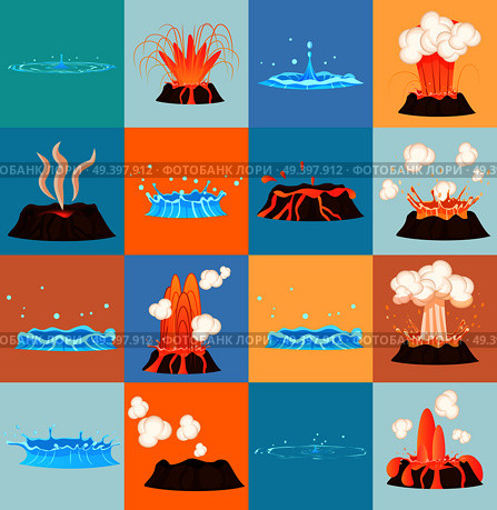 Set of stages of volcano eruption and water discharge by blue geyser. Splash of hot lava, flowing magma, discarded steam under pressure. Powerful aqua fountain from hot spring, vector illustration. Volcano Eruption and Water Discharge by Geyser. Стоковая иллюстрация, агентство Ingram Publishing / Фотобанк Лори