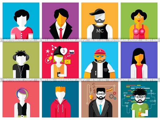 Set of stylish avatar of male and woman icons in flat design. Woman lovelace MC rapper housewife teenager brutal man emo businessman programmer. Стоковая иллюстрация, агентство Ingram Publishing / Фотобанк Лори