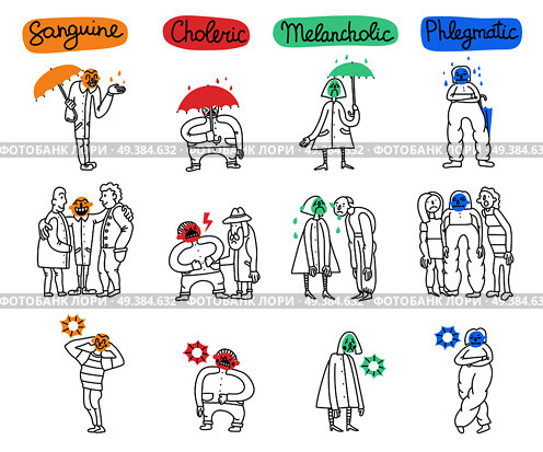 Set of temperament types with attitudes of persons to life situations isolated hand drawn vector illustration. Temperament Types Set. Стоковая иллюстрация, агентство Ingram Publishing / Фотобанк Лори