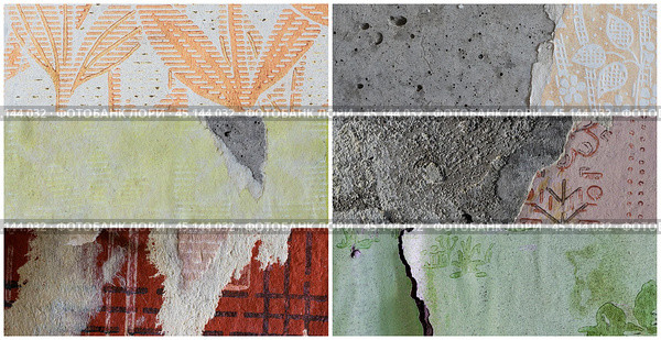 Set of textures of old faded torn paper wallpaper with a classic pattern. Tattered scraps of paper on a concrete walls. Collection of wide panoramic vintage backgrounds for design. Стоковое фото, фотограф Андрей Степанов / Фотобанк Лори