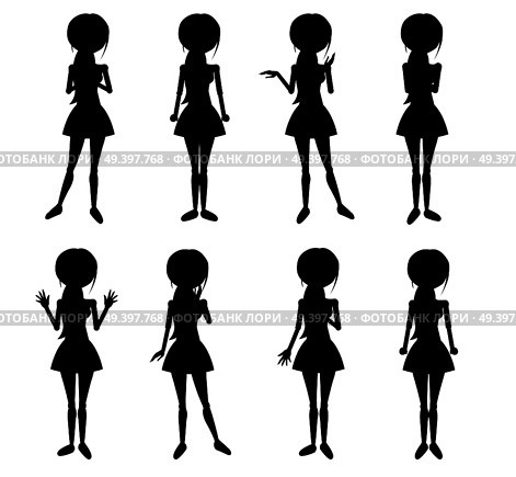 Set of thin women characters silhouettes. Collection of girls standing in different emotive poses with various hand gestures vectors isolated on white background. Female black figures for infographics. Стоковая иллюстрация, агентство Ingram Publishing / Фотобанк Лори