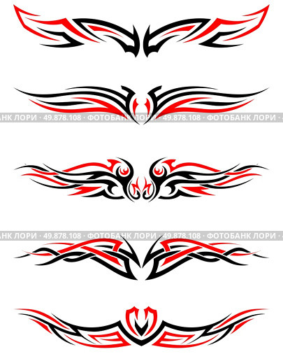 Set of Tribal Indigenous Tattoos in Black and Red Colors. Elegant Smooth Design Over White Background. Vector Illustration. Стоковая иллюстрация, агентство Ingram Publishing / Фотобанк Лори