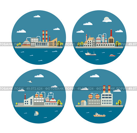Set of vector industrial landscape of buildings. Boiler building. Power building. Warehouses building. Factories building. The substation building. Buildings urban industrial buildings. Стоковая иллюстрация, агентство Ingram Publishing / Фотобанк Лори