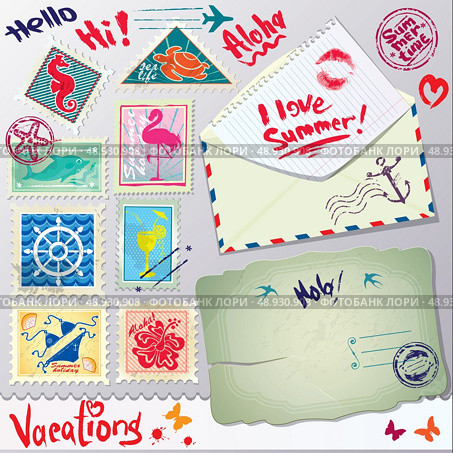 Set of vintage post stamps, postcard and envelope for Vacations or travel design. Стоковая иллюстрация, агентство Ingram Publishing / Фотобанк Лори
