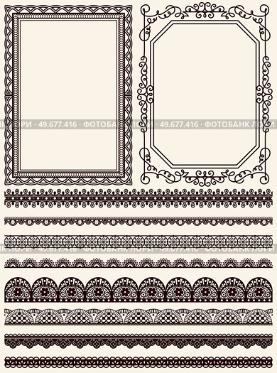 Set of wide lace ribbons and frames with ornament. Black design elements isolated in retro style. Pattern for creating vintage style, decor design. Lace decoration template, frameworks. Set of wide lace ribbons and frames ornament in retro style. Pattern for creating style, vintage decor design. Стоковая иллюстрация, агентство Ingram Publishing / Фотобанк Лори