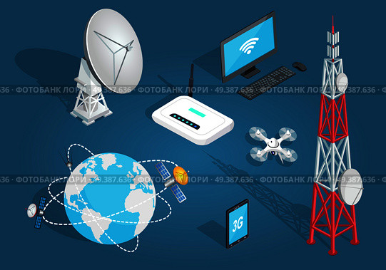 Set of wireless connection on blue background. Vector illustration of satellites around planet, tower with dishes, white drone, laptop with wi-fi, smartphone with 3G, white dish antenna, wi-fi router.. Set of Wireless Connection in Flat Cartoon Style. Стоковая иллюстрация, агентство Ingram Publishing / Фотобанк Лори