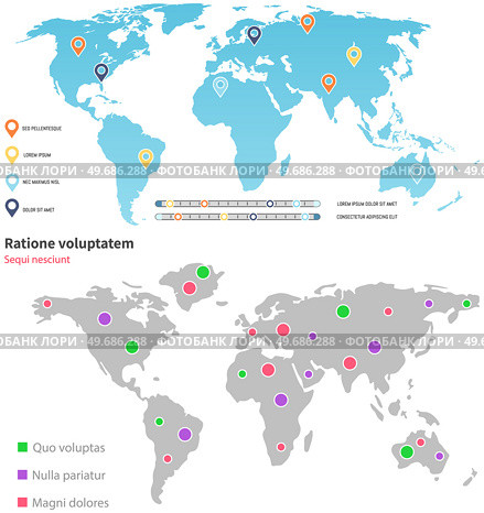 Set of world maps with colored markers. Flat image of Earth for orientation and navigation. Geographic atlas spread, planet map page isolated on white background. International illustration of world. Set of world maps with colored markers. Flat image of Earth for orientation and navigation. Стоковая иллюстрация, агентство Ingram Publishing / Фотобанк Лори