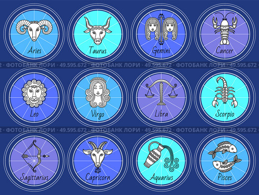 Set of zodiac signs Aries and Taurus, Gemini and Cancer, Leo and Virgo, Libra and Scorpio, Sagittarius and Aquarius, Pisces isolated round icons with horoscope symbols. Astrological collection, vector. Astrological collection, vector 12 zodiac signs. Set of zodiac icons. Стоковая иллюстрация, агентство Ingram Publishing / Фотобанк Лори