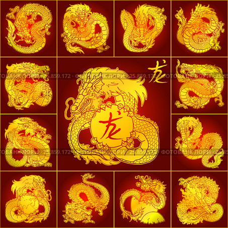 Set roosters gold on red. Стоковая иллюстрация, иллюстратор Анастасия Некрасова / Фотобанк Лори