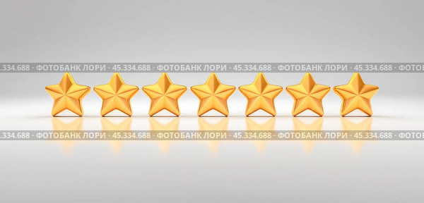 Seven golden stars on reflective surface, highest quality rating, award for exceptional service, customer satisfaction symbol, premium choice, luxury status, perfect score, achievement of excellence. Стоковое фото, фотограф Павел Муравьев / Фотобанк Лори
