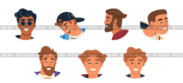 Seven male faces with different hairstyles and expressions. Ideal for character design, graphic design, animation, social media avatars, and educational materials. Cartoon style with vibrant colours. Diverse Male Faces with Various Hairstyles Expressing Emotions and Styles. Стоковая иллюстрация, агентство Ingram Publishing / Фотобанк Лори