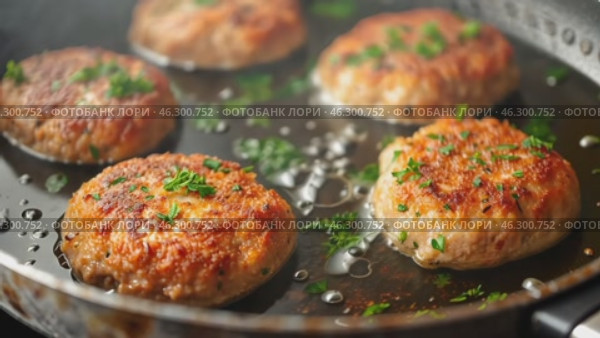 Several patties sizzle in a hot pan, releasing a rich, savory aroma. Golden crust forms as they cook, with juices bubbling around the edges, creating a mouthwatering scene. Стоковое AI-видео, аниматор Ирина Старикова / Фотобанк Лори