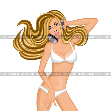 Sexy slim longhaired girl in white bikini with headphones print poster isolated vector illustration. Стоковая иллюстрация, агентство Ingram Publishing / Фотобанк Лори