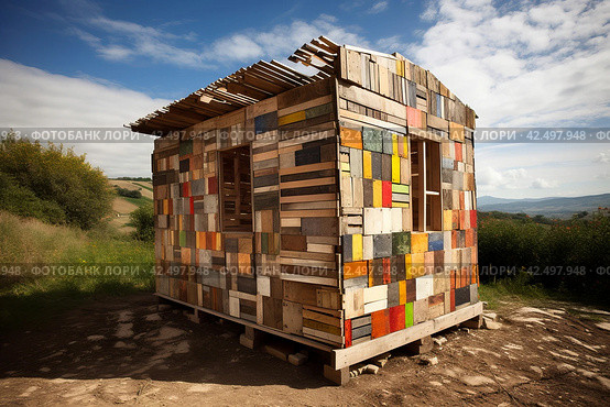 Shack wooden old pallets example roof. Generate Ai. Стоковое AI-изображение, AI-художник Иван Рябоконь / Фотобанк Лори